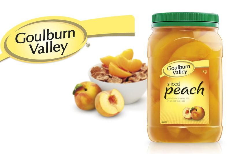 Goulburn Valley logo beside a jar of sliced peaches and a bowl of cereal