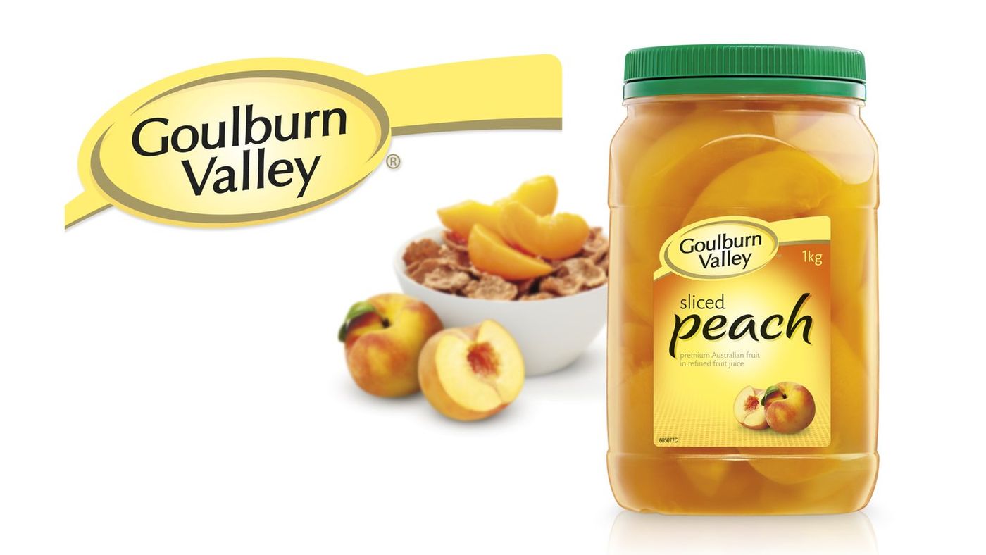 Goulburn Valley logo beside a jar of sliced peaches and a bowl of cereal