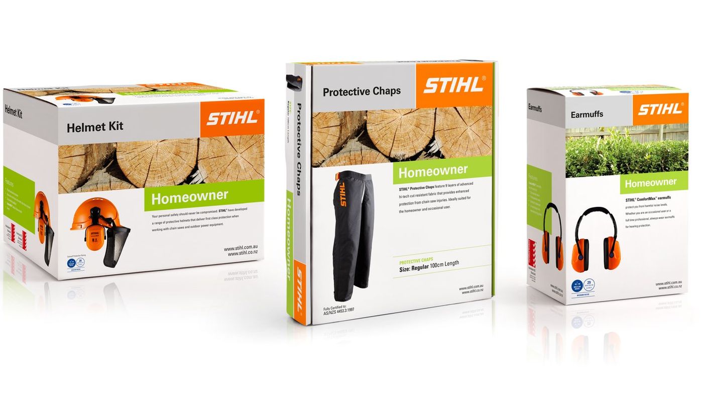 Stihl helmet kit, protective chaps and earmuffs packaging on a white background