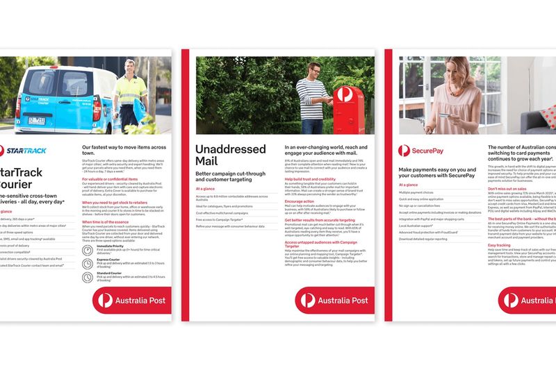 Three Australia Post information sheets laid out side by side