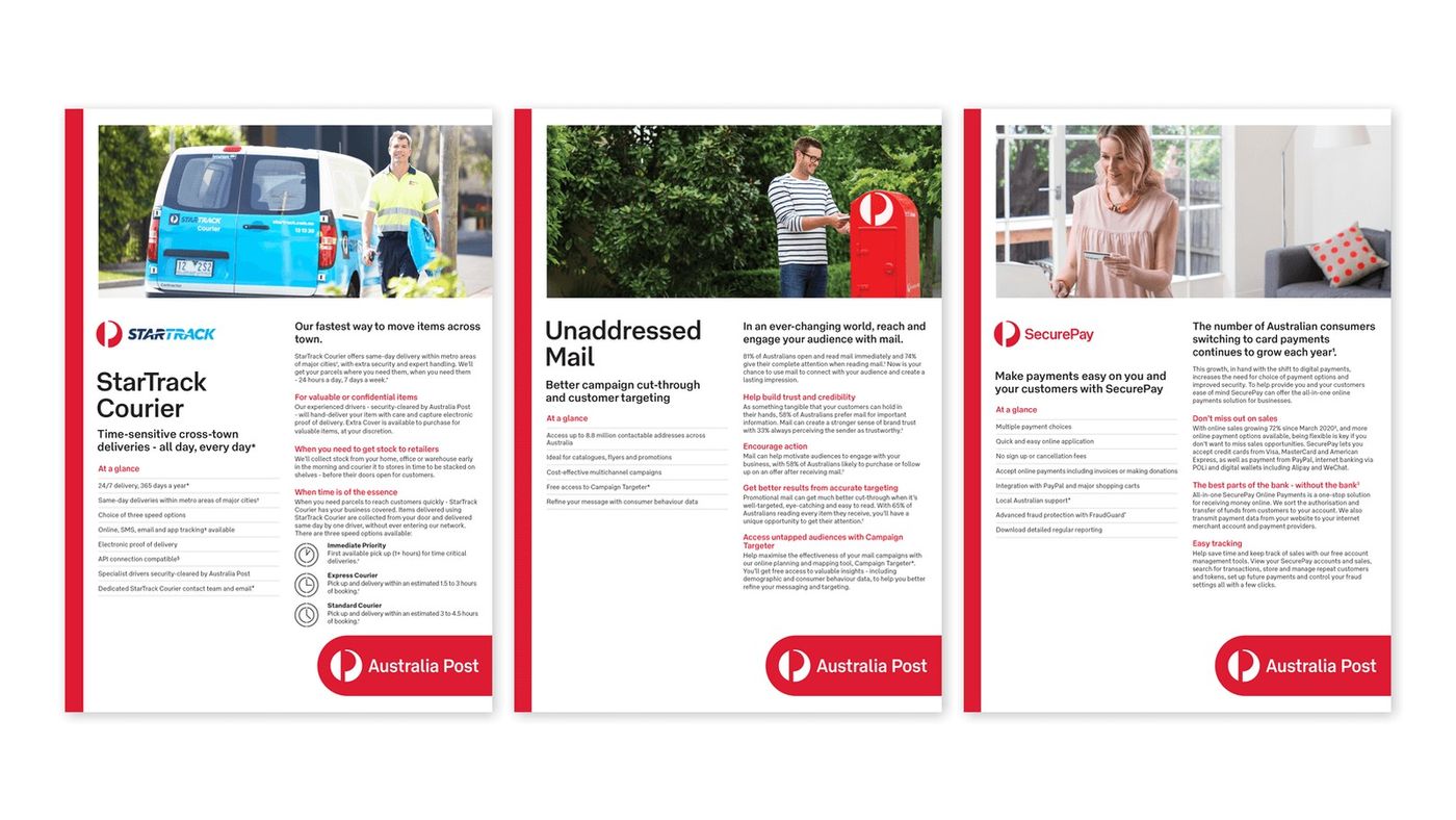 Three Australia Post information sheets laid out side by side