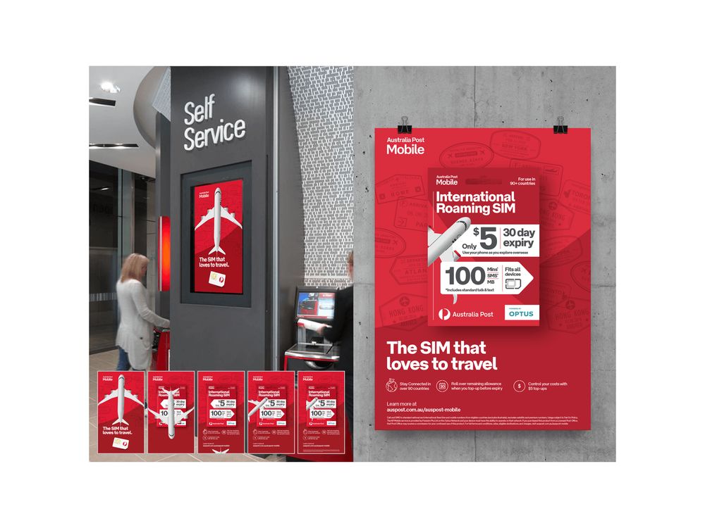 Australia Post self-service SIM posters on a wall
