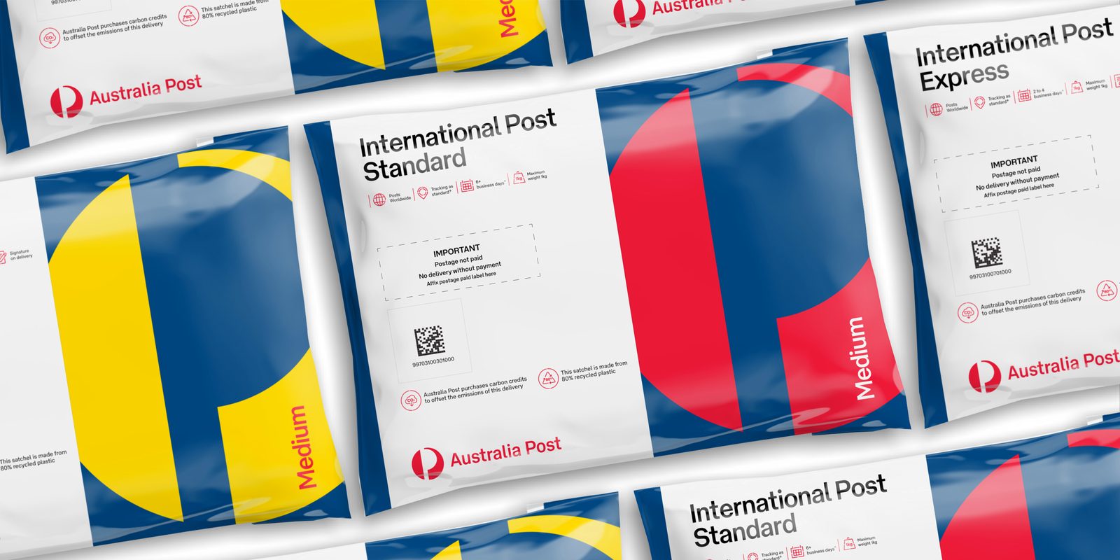 Australia Post international satchels in blue, red and yellow