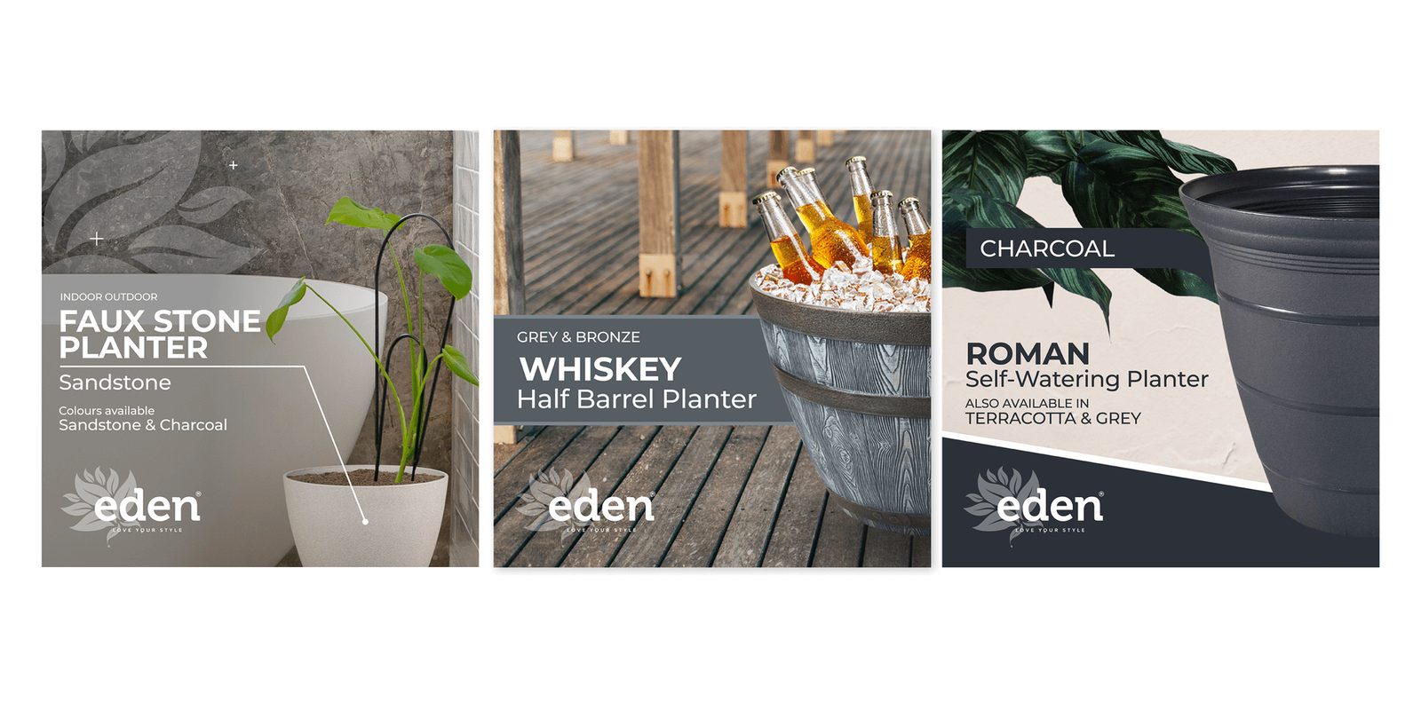 Eden planter ranges in faux stone, whiskey barrel and charcoal
