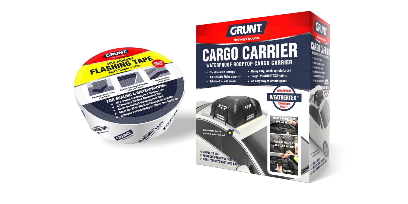 GRUNT cargo carrier and flashing tape packaging