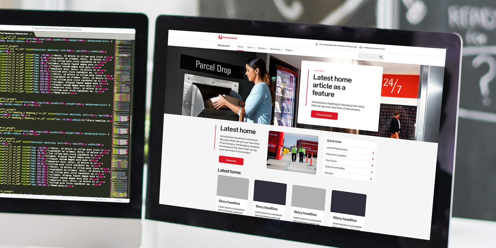 Australia Post website home page design on a monitor beside code