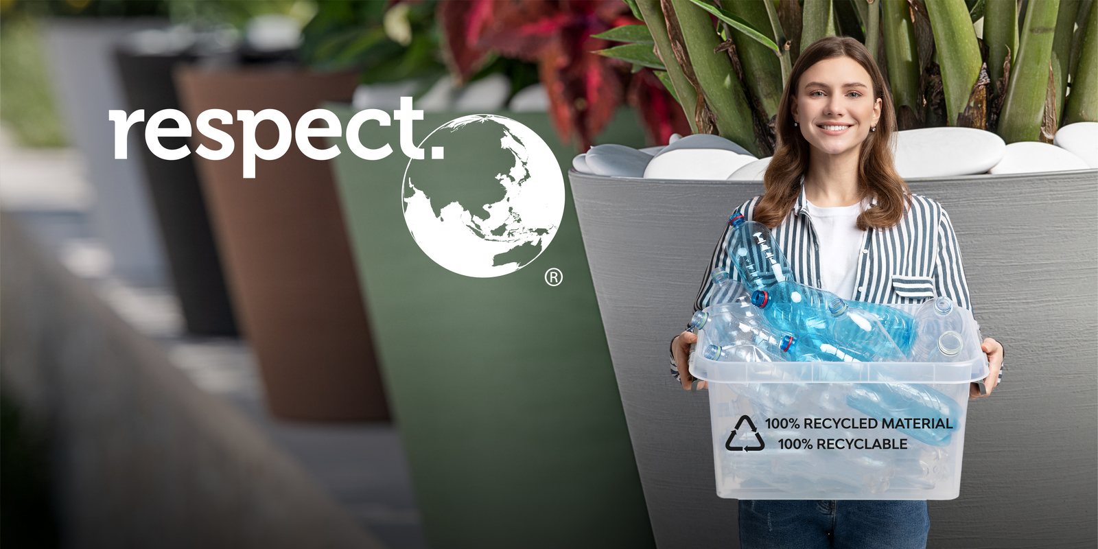 The respect logo over a woman holding recycled bottles beside planters