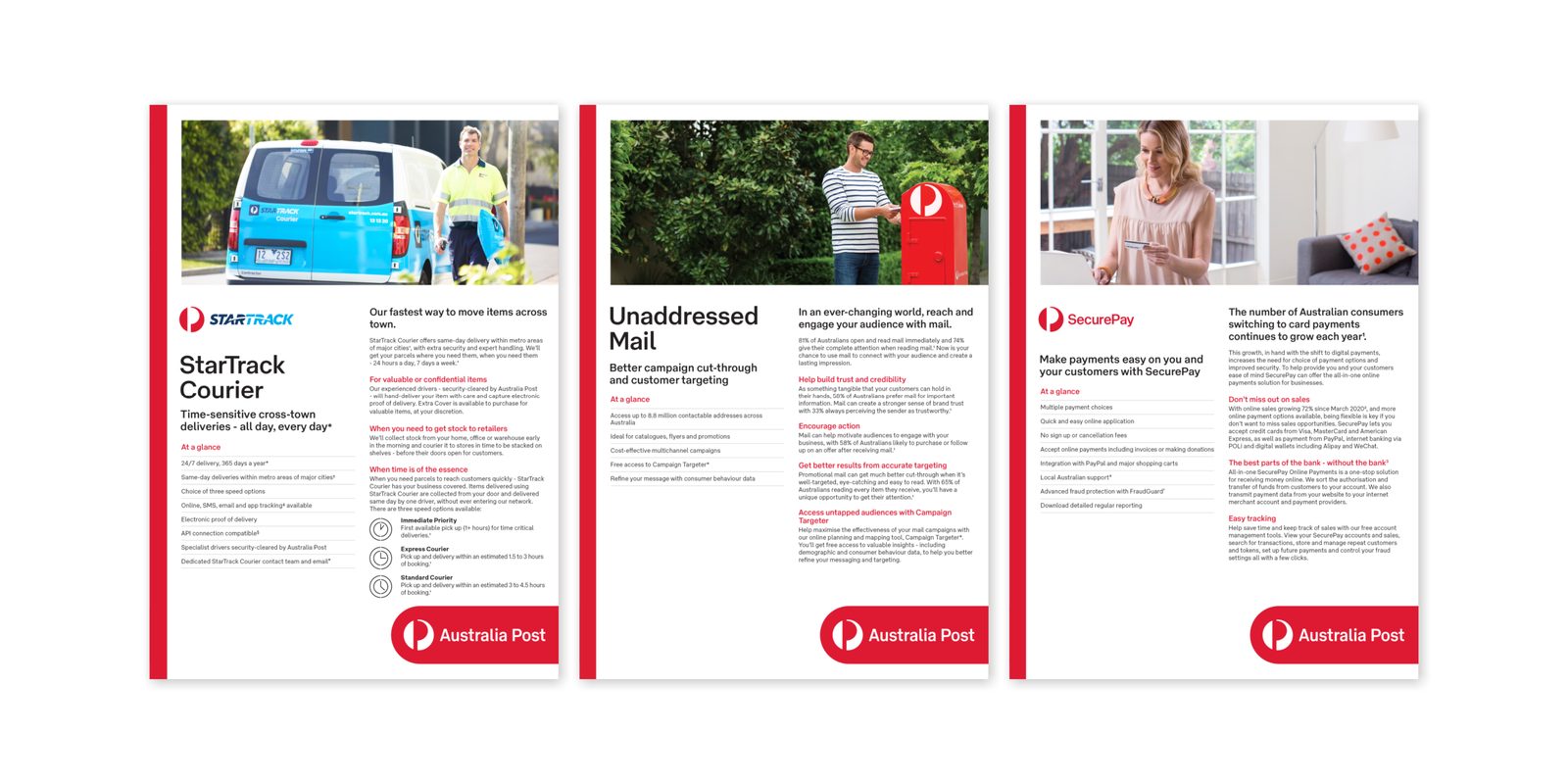 Australia Post single page service sheets and customer flyers