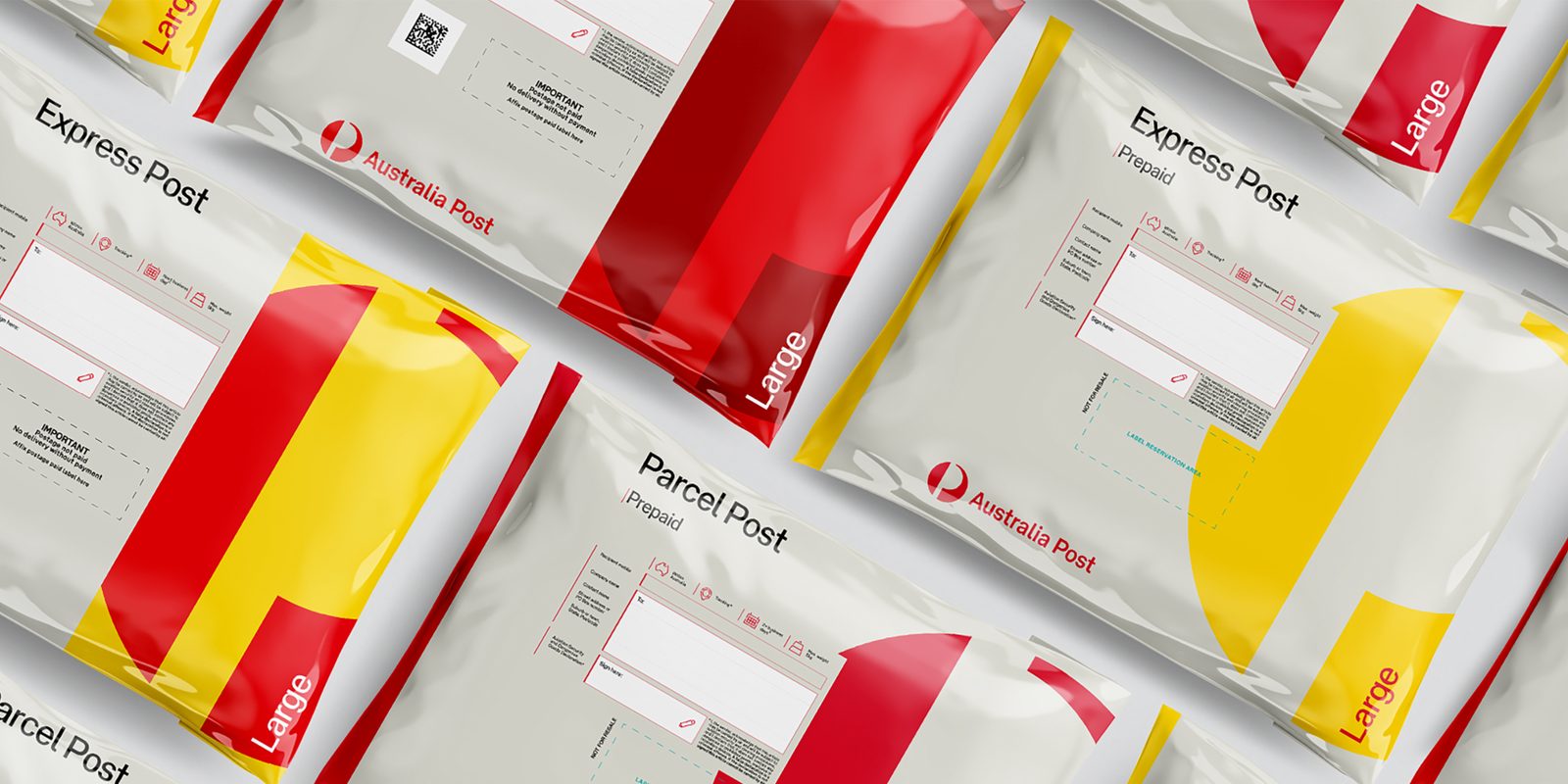 Australia Post parcel and satchel packaging in red, yellow and white