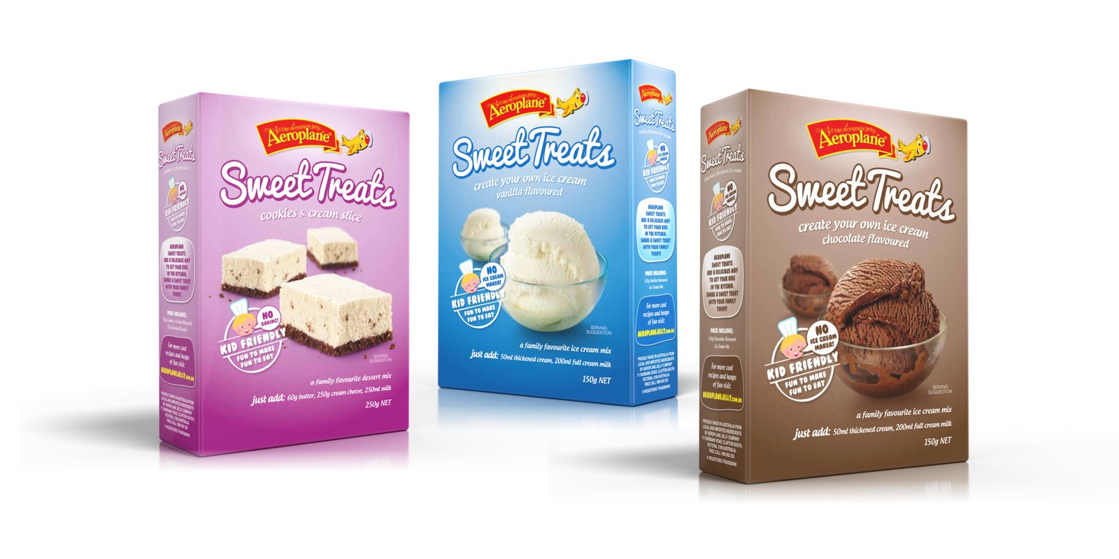 Aeroplane Sweet Treats dessert mixes in purple, blue and brown