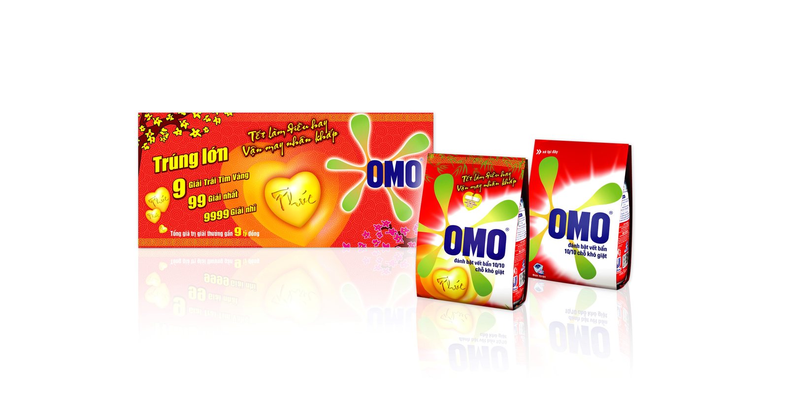 OMO washing powder packs beside a Tet promotion banner
