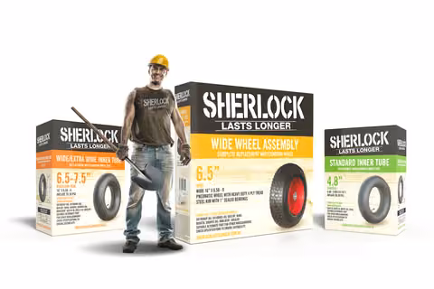 Sherlock wheelbarrow wheel packaging with a workman and boxes